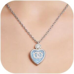 Designer Inspired Double Emblem Heart Pendant Necklace for Women, Blue Enamel Cr